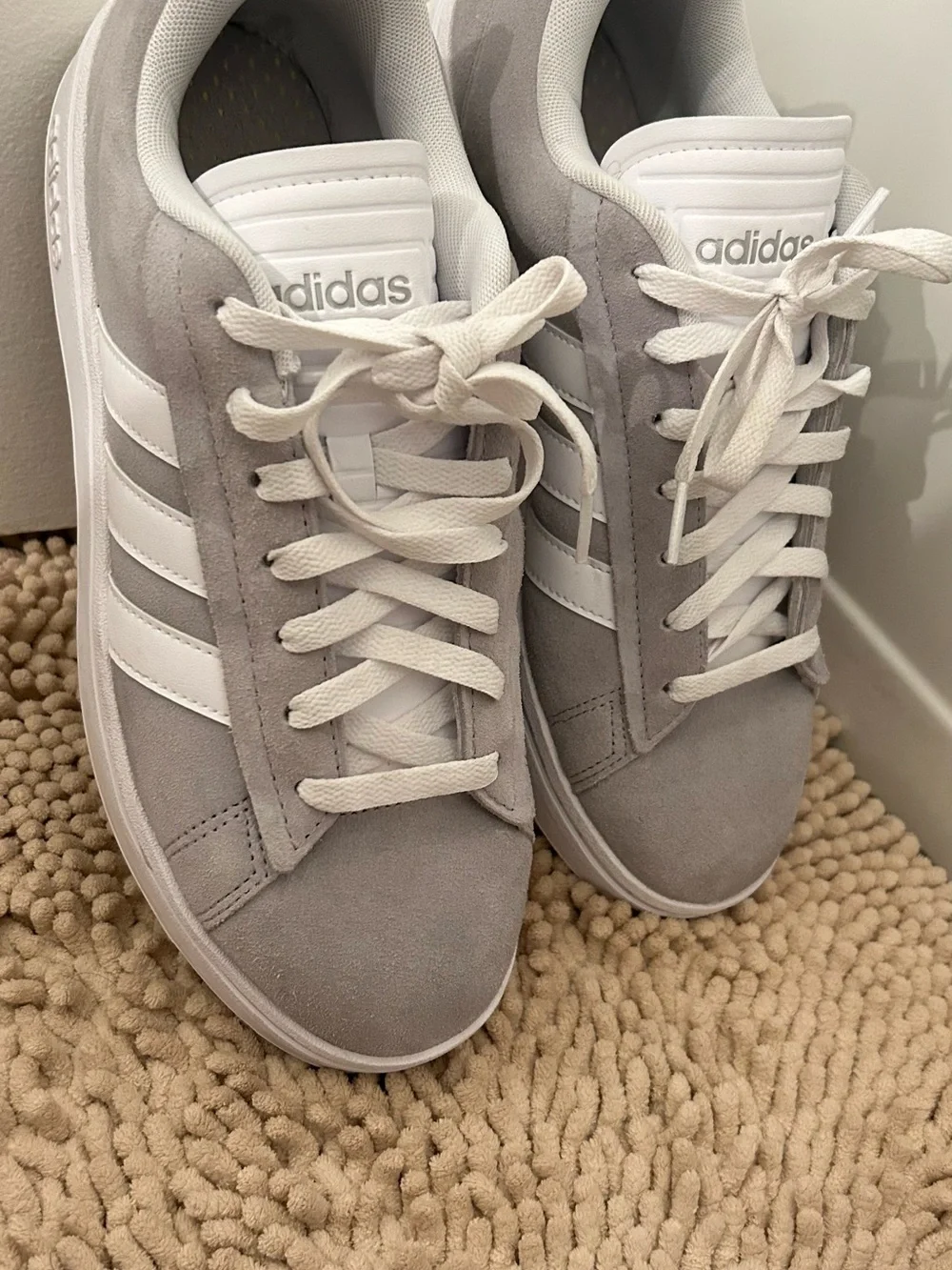 adidas Suede Low-Top Sneakers in Light Gray and White